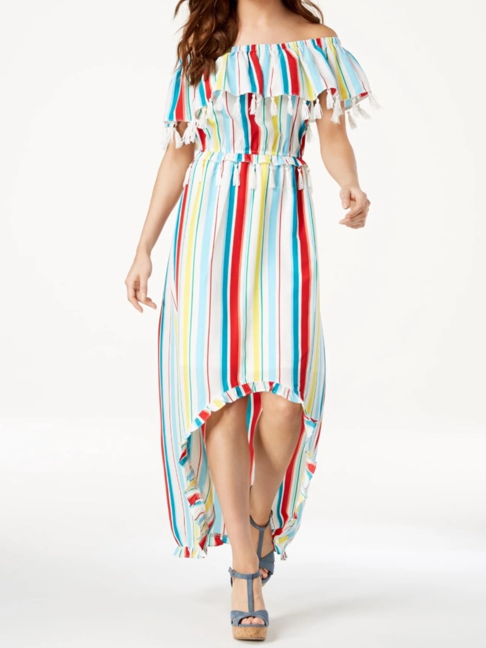 XOXO Off-Shoulder Multicolor Striped High-Low Dress with Tassel Trim